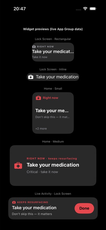 ReSurface across surfaces: Lock Screen rectangular and inline widgets, Home Screen small and medium widgets, and a Live Activity — all showing 'Take your medication · keeps resurfacing'.